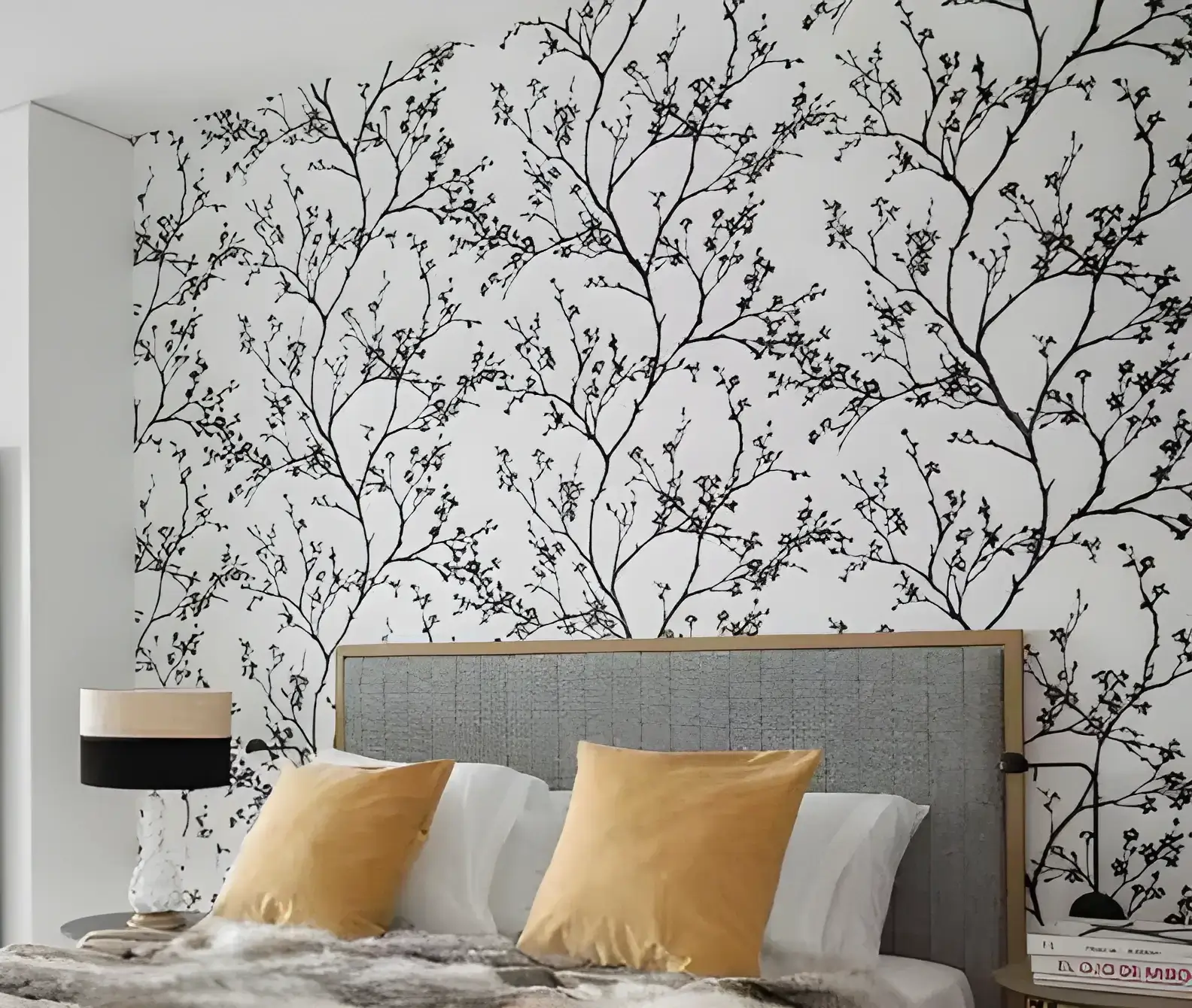 Los Pintores en Málaga instalando papel pintado de ramas en cabecero de dormitorio moderno