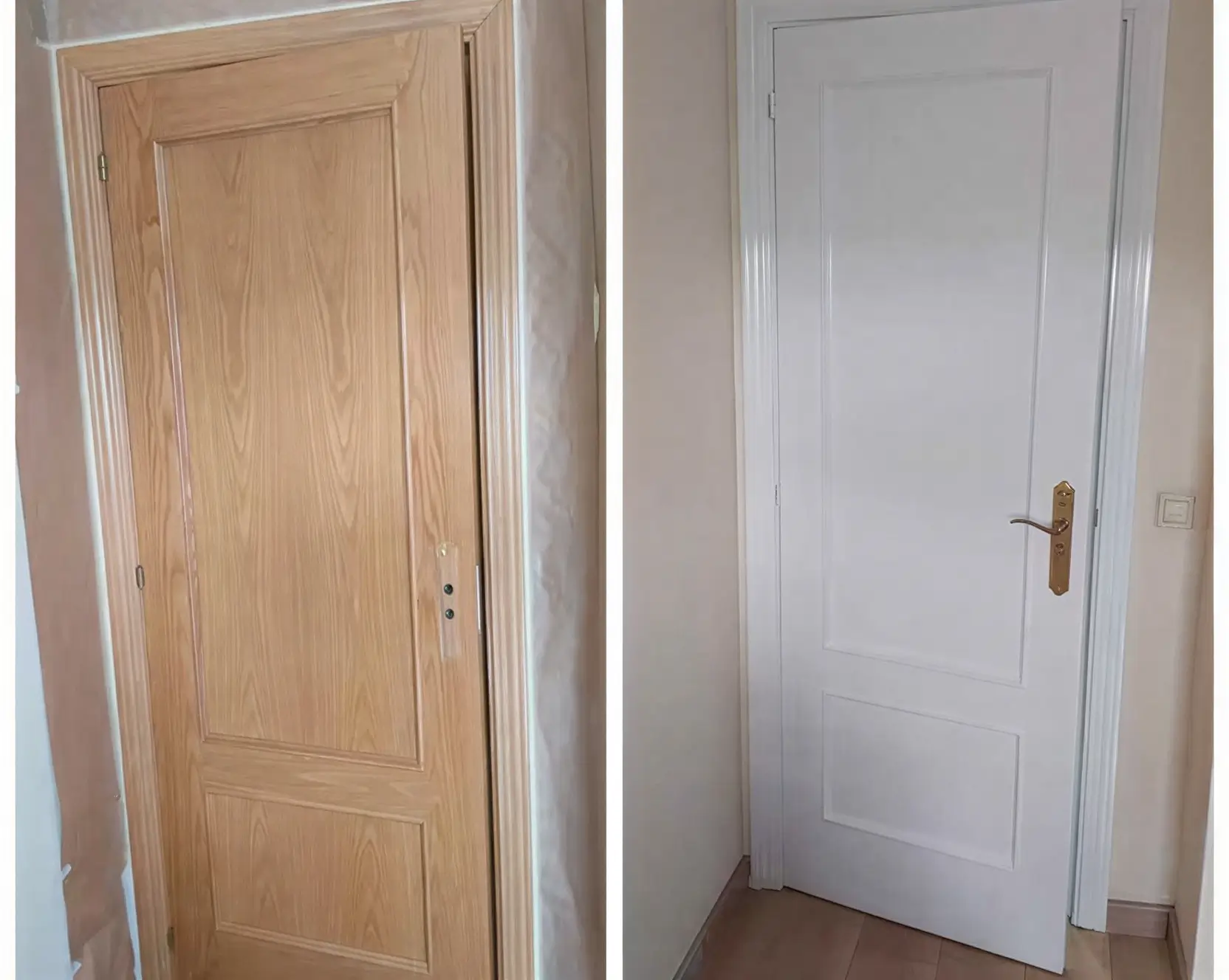 Antes y después de lacar puerta de madera en blanco por Los Pintores en Málaga