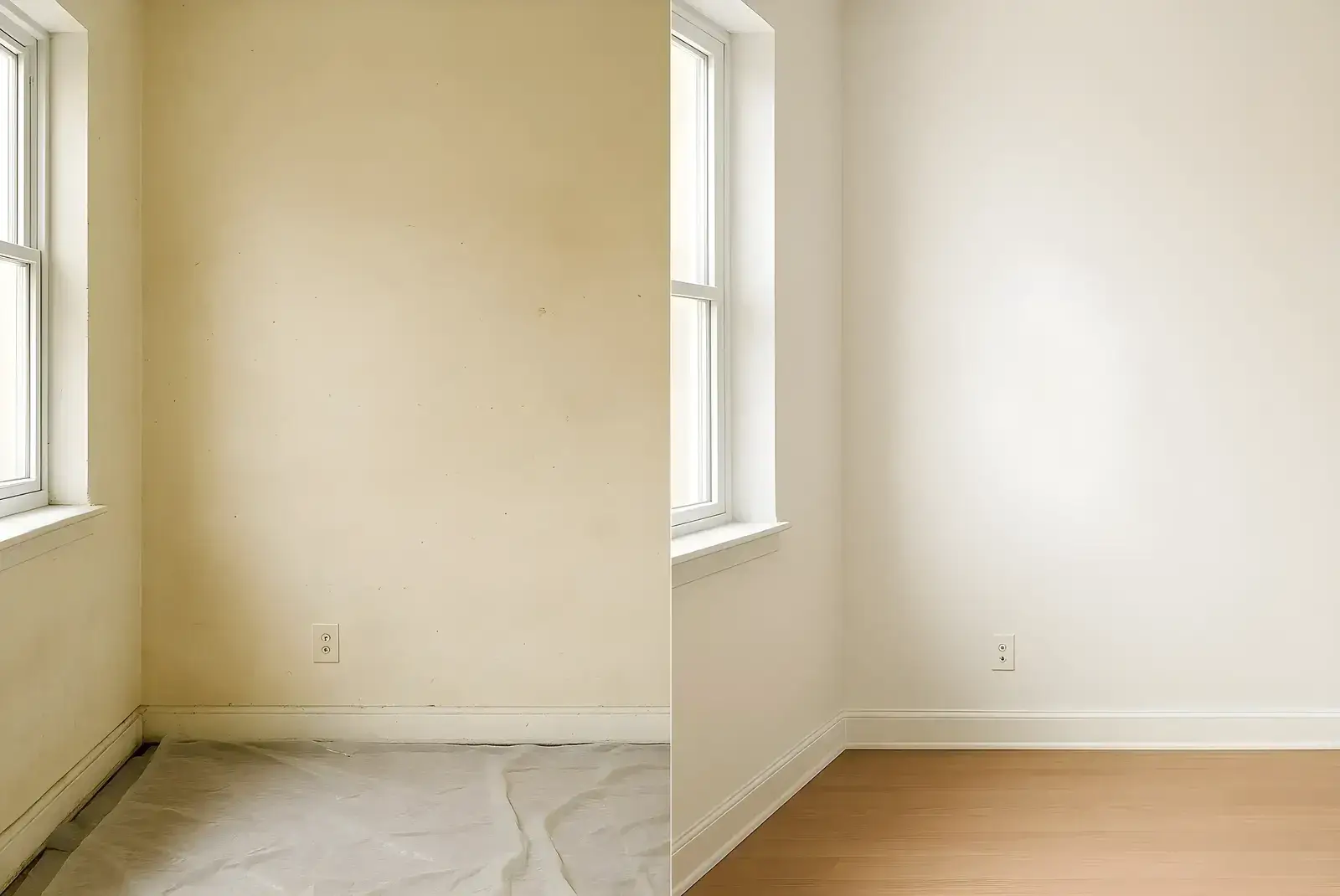 Antes y después de pintura interior en salón, trabajo de Los Pintores en Málaga con paredes renovadas